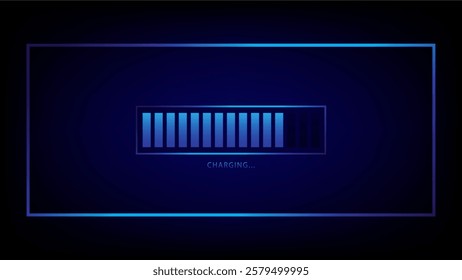 Battery charging bar icon. electric charge process, Glowing neon accumulator sign technology concept, vector rectangle design blue glow color, elements for mobile phone or EV car. isolated on Black 