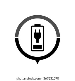 Battery is charging - black vector icon; map pointer;  message bubble