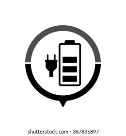 Battery is charging - black vector icon; map pointer;  message bubble