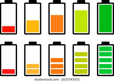 Icono del indicador de Recargo de carga de la batería. Símbolo del icono de la carga de la batería, sistema de 5 símbolos de la batería, cargador, símbolos del indicador de batería, aislados en el fondo blanco
