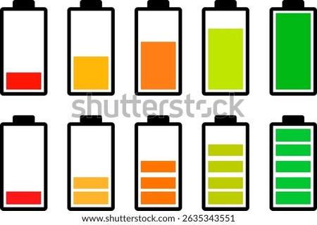 Battery charging charge indicator icon. Battery Charging Icon symbol, Set of 5 outline icons  battery, charger, Battery indicator symbols,Isolated on white background
