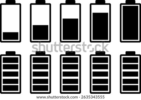Battery charging charge indicator icon. Battery Charging Icon symbol, Set of 5 outline icons  battery, charger, Battery indicator symbols,Isolated on white background
