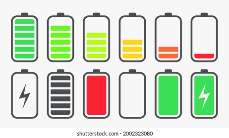 Ladeanzeige für Akku. Akkuenergie auf Vektorsymbol-Ebene voll ausgelastet. Strom läuft Low-up-Status-Batterien Set Logo Leere Ladeleiste Gadgets alkalische Tags. Fast da.