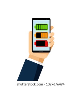 Battery charging. Battery charge level indicators isolated on white background. Flat design. Battery notification on phone screen