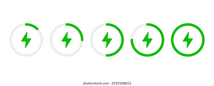 Battery charging circle indicator icon set. Green round battery power level vector illustration collection. Lightning inside a rounded diagram infographic symbol. Loading process progress bar sign.