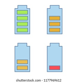 Battery charging color icons set. Battery level indicators. Low, middle and high charge. Isolated vector illustrations