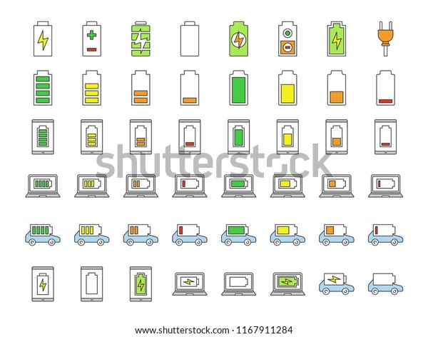 Battery\
charging color icons set. Smartphone, laptop and electric car\
charge. Electric energy accumulation for different devices. Battery\
level indicator. Isolated vector\
illustrations