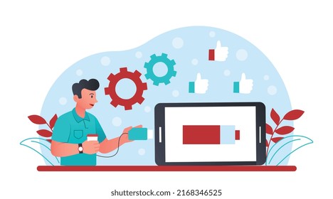 Concepto de carga de batería. Hombre con smartphone con batería baja. Gadgets y dispositivos, atención telefónica. Indicador y barra de progreso. Tecnología moderna y mundo digital. Dibujo vectorial plano de dibujos animados