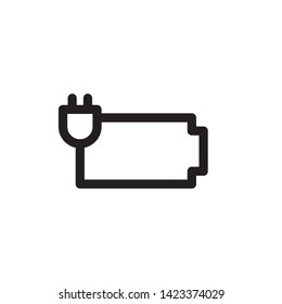 Battery charging connected to energy source. Linear vector icon.
