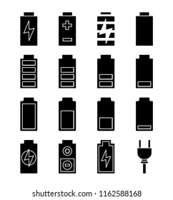 Battery charging glyph icons set. Battery level indicators. Low, middle and high charge. Silhouette symbols. Vector isolated illustration