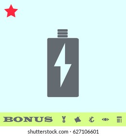 Battery Charging icon flat. Grey pictogram on blue background. Vector illustration symbol and bonus buttons medal, cow, earth, eye, calculator