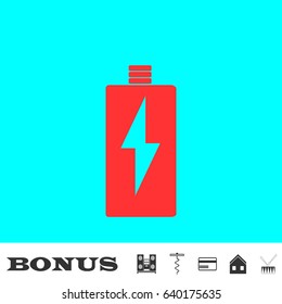 Battery Charging icon flat. Red pictogram on blue background. Vector illustration symbol and bonus buttons Music center, corkscrew, credit card, house, drum