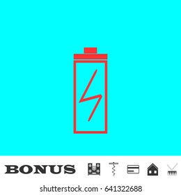 Battery Charging icon flat. Red pictogram on blue background. Vector illustration symbol and bonus buttons Music center, corkscrew, credit card, house, drum