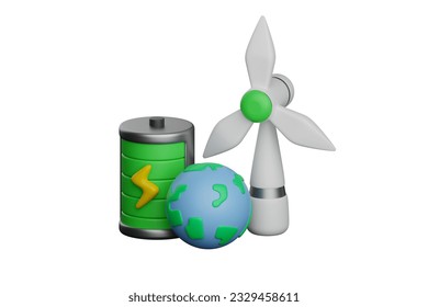 Battery charging icon with globe and wind turbine, smart energy saving, happy earth day, world environment day, eco friendly, 3d rendering