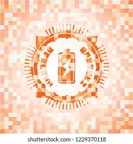 battery charging icon inside abstract orange mosaic emblem with background
