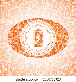 battery charging icon inside abstract orange mosaic emblem with background
