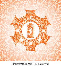 battery charging icon inside abstract orange mosaic emblem