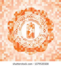 battery charging icon inside abstract emblem, orange mosaic background