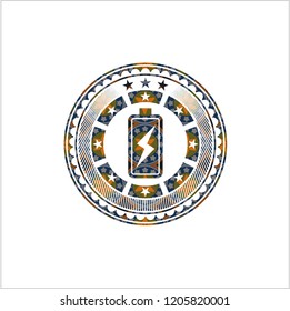 battery charging icon inside arabesque style emblem. arabic decoration.
