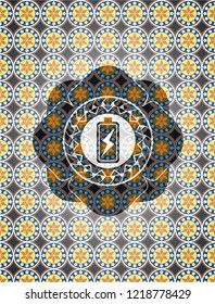 battery charging icon inside arabesque badge. arabic decoration.