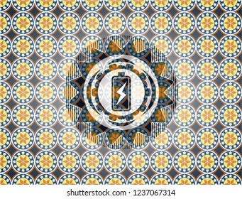 battery charging icon inside arabesque style badge. arabic decoration.