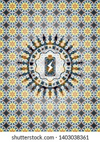 battery charging icon inside arabic badge. Arabesque decoration.