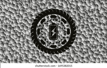 icono de carga de batería dentro de la placa negra con fondo de burbujas grises. Ilustración vectorial. Detallado.