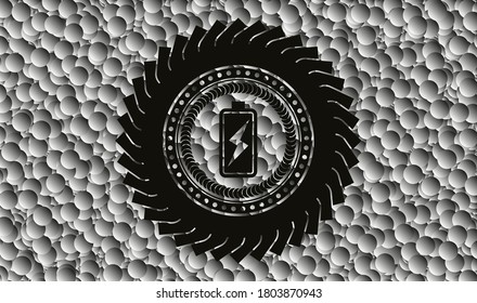 icono de carga de batería dentro del emblema negro con fondo de burbujas. Vintage. Ilustración vectorial. Detallado. 