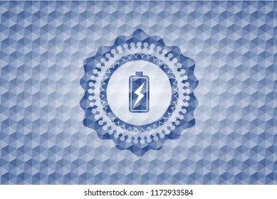 battery charging icon inside blue emblem or badge with abstract geometric polygonal pattern background.