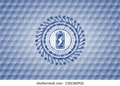 battery charging icon inside blue badge with geometric background.
