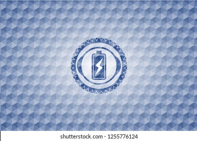 battery charging icon inside blue emblem or badge with abstract geometric pattern background.