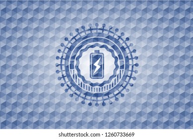 battery charging icon inside blue emblem or badge with abstract geometric pattern background.