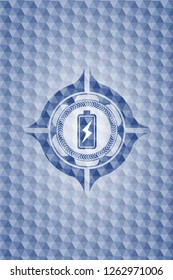 battery charging icon inside blue emblem with geometric pattern background.