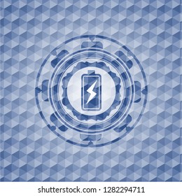 battery charging icon inside blue emblem or badge with abstract geometric pattern background.