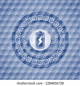battery charging icon inside blue emblem or badge with geometric pattern background.