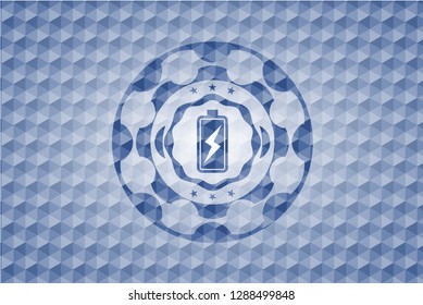 battery charging icon inside blue emblem or badge with abstract geometric polygonal pattern background.