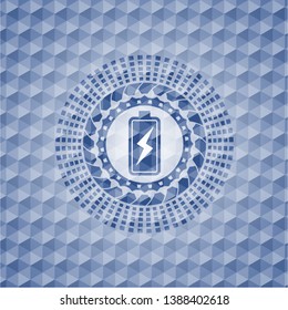 battery charging icon inside blue emblem or badge with abstract geometric polygonal pattern background.