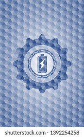 battery charging icon inside blue polygonal emblem.