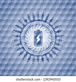 battery charging icon inside blue badge with geometric pattern background.