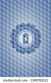 battery charging icon inside blue emblem with geometric background.