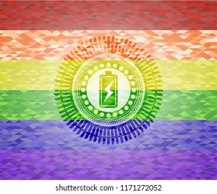 battery charging icon inside emblem on mosaic background with the colors of the LGBT flag