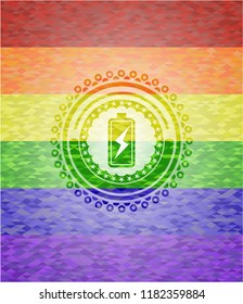 battery charging icon inside emblem on mosaic background with the colors of the LGBT flag