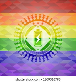 battery charging icon inside emblem on mosaic background with the colors of the LGBT flag