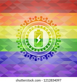 battery charging icon inside emblem on mosaic background with the colors of the LGBT flag