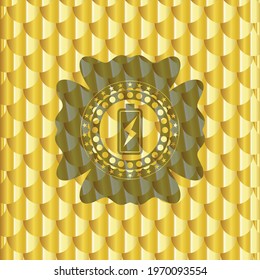 battery charging icon inside gold emblem. Scales pattern. Vector Illustration. Detailed. 