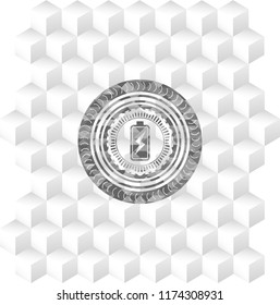 battery charging icon inside grey emblem with geometric cube white background