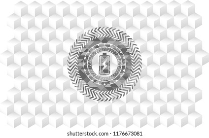 battery charging icon inside grey emblem with geometric cube white background