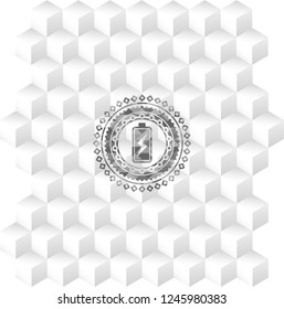 battery charging icon inside grey badge with geometric cube white background