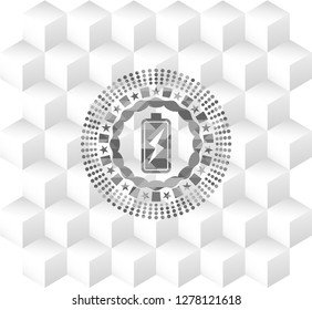 battery charging icon inside grey emblem. Vintage with geometric cube white background