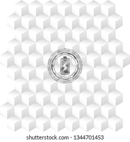 battery charging icon inside grey emblem. Vintage with geometric cube white background